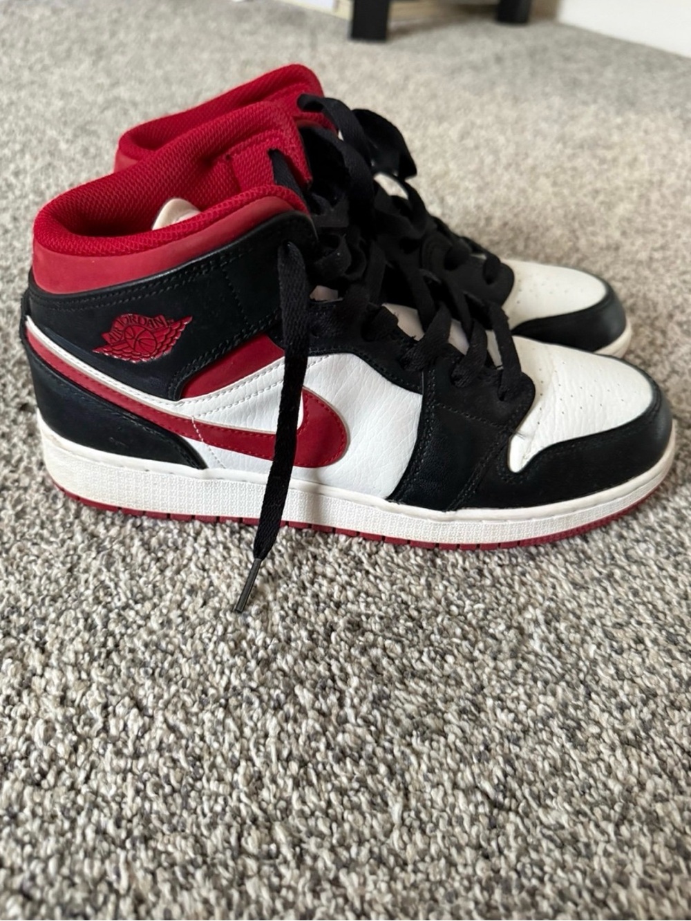 Jordan Mid/High-Top Sneakers in White, Black & Red